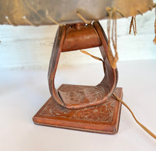 Load image into Gallery viewer, Vintage Leather Tooled Stirrup Lamp; Desert Shade