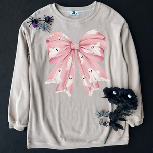 Beige Ghost Bow Corded Crew