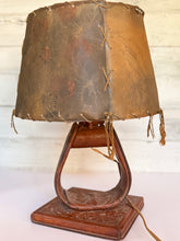 Load image into Gallery viewer, Vintage Leather Tooled Stirrup Lamp; Desert Shade