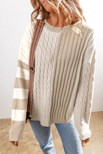 Khaki Cable Knit Colorblock Sweater