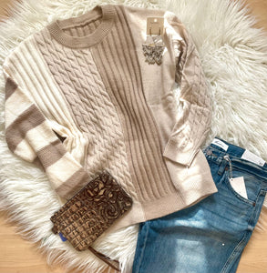 Khaki Cable Knit Colorblock Sweater