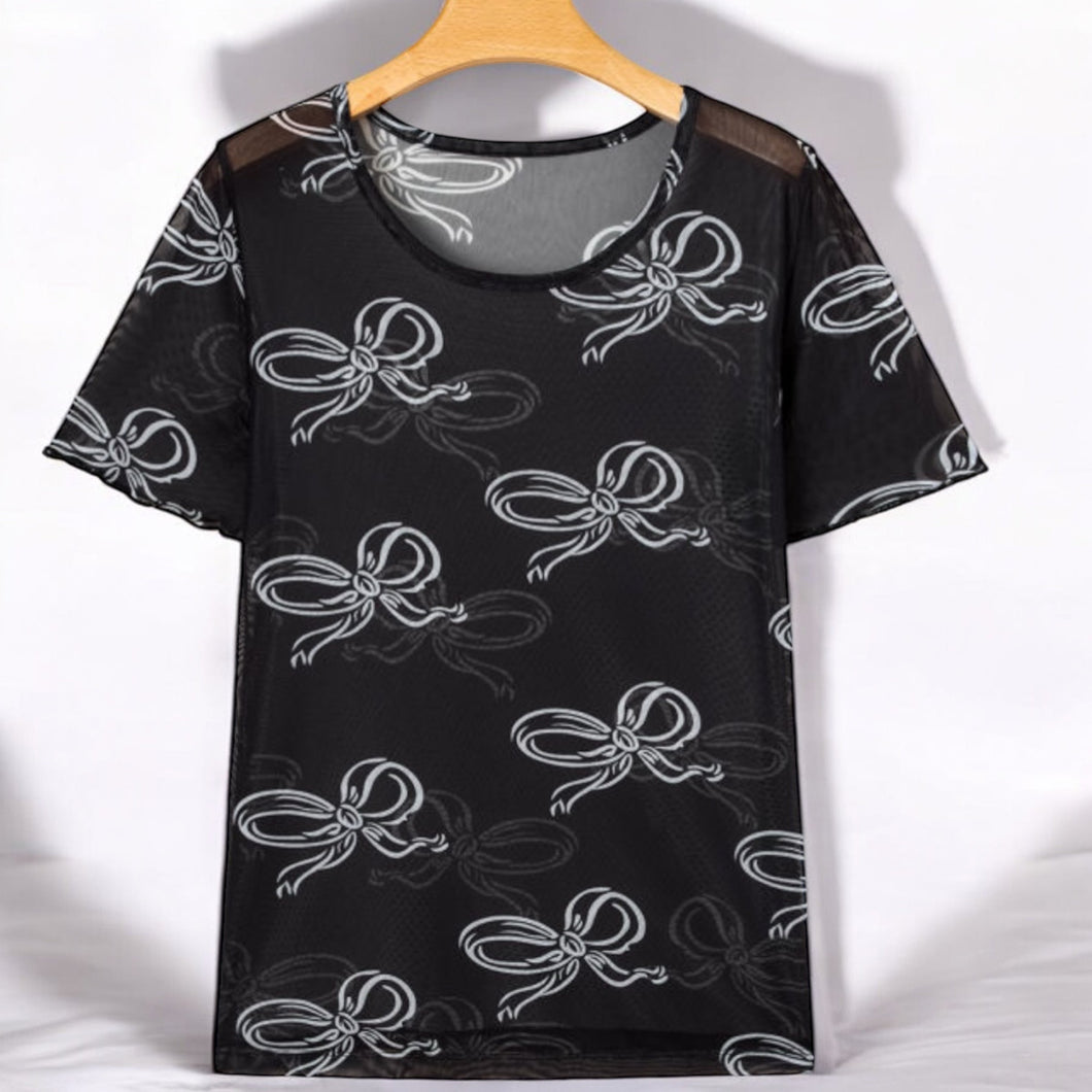 Black & White Bow Mesh Top - Short Sleeve