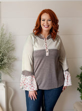 Load image into Gallery viewer, Boho Floral Bell Sleeve Henley Top