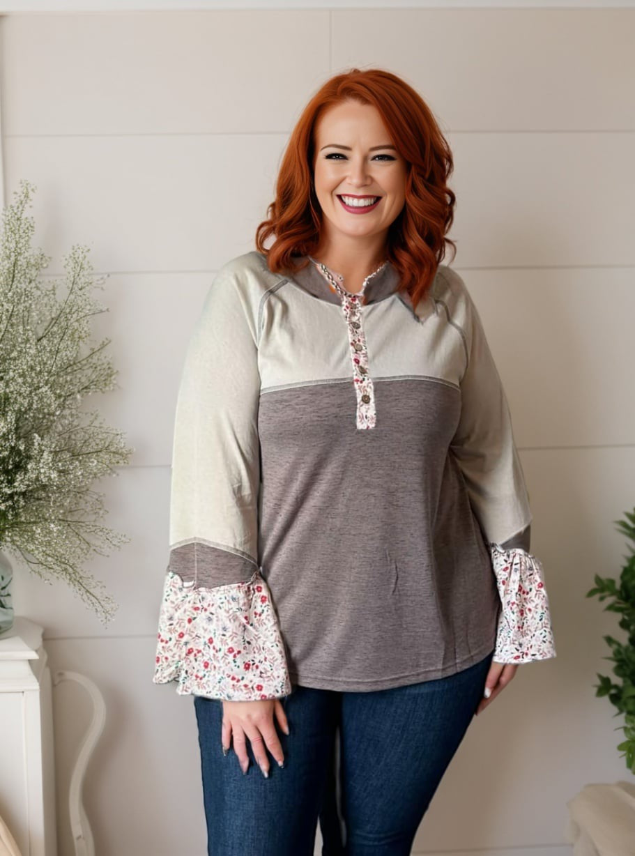 Boho Floral Bell Sleeve Henley Top