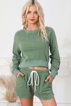 Load image into Gallery viewer, Round Neck Long Sleeve Top and Drawstring Shorts Lounge Set