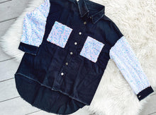 Load image into Gallery viewer, RTS: ARIA denim and Sequin Sleeve Shacket*