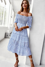 Load image into Gallery viewer, Ditsy Floral Off-Shoulder Smocked Midi Dress