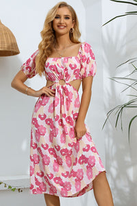 Floral Cutout Square Neck Puff Sleeve Dress