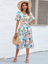 Load image into Gallery viewer, Printed Tie-Waist V-Neck Flutter Sleeve Dress