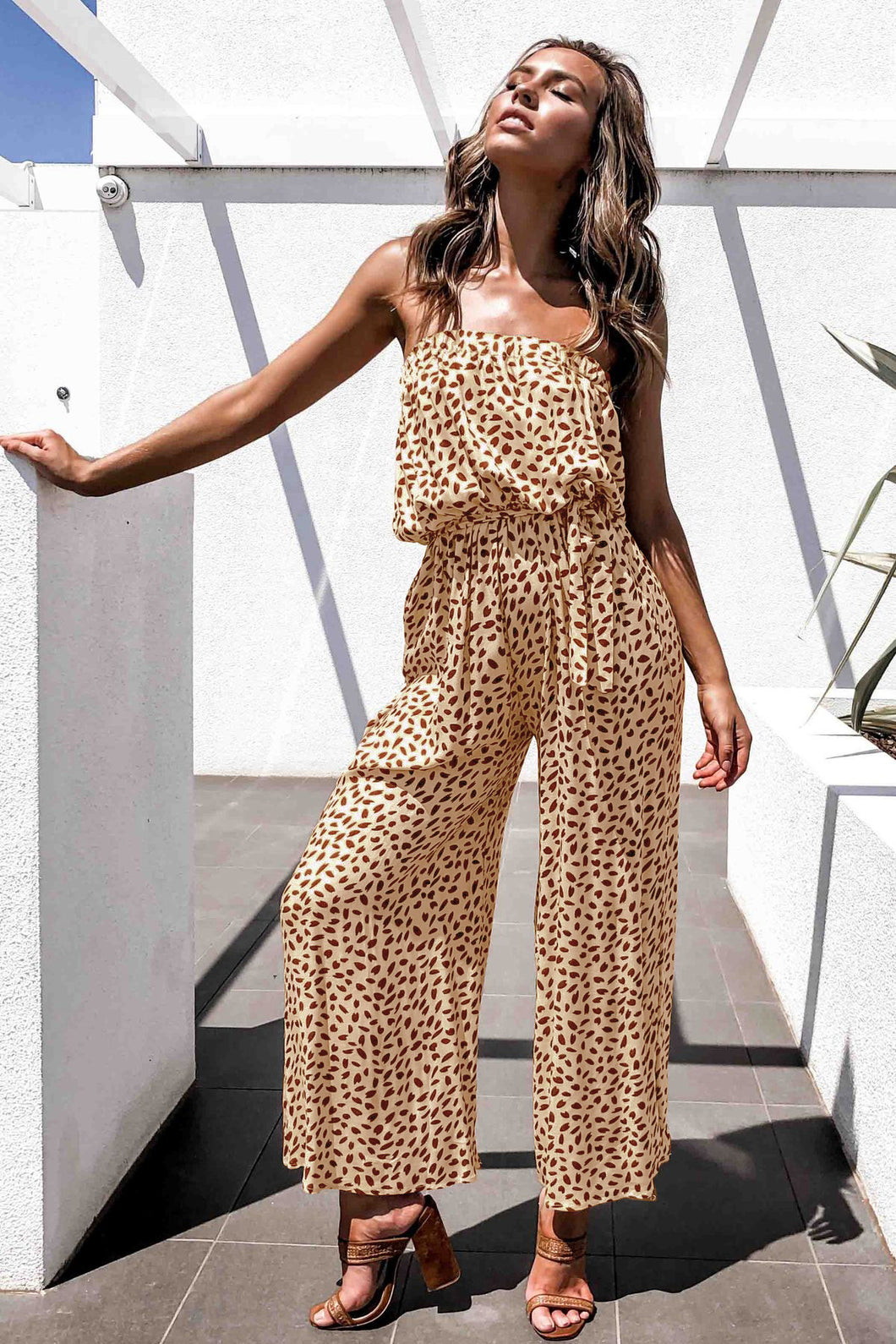 Printed Strapless Tie Waist Wide Leg Jumpsuit